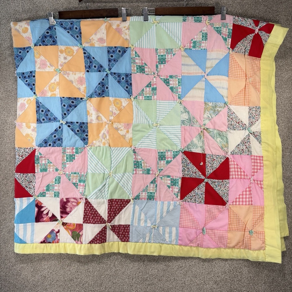 Vintage Handmade Pinwheel Colorful Scrap Quilt *Flaws* Full Size 88" X 74"